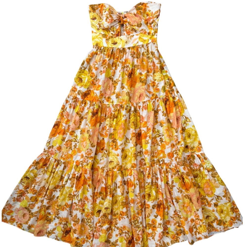 Zimmermann Raie Strapless Tiered Floral Yellow Cotton Maxi Dress Dress 0P US 2P - Picture 10 of 11